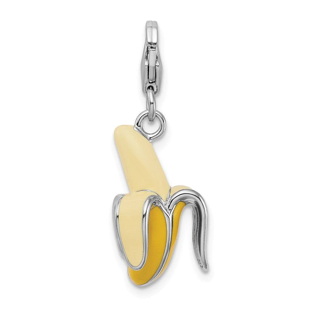 Sterling Silver Rhodium-plated Enameled 3-d Peeled Banana With Lobster Clasp Charm