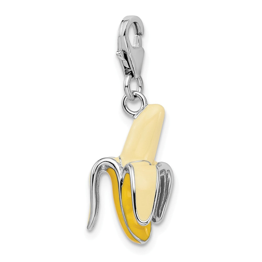 Sterling Silver Rhodium-plated Enameled 3-d Peeled Banana With Lobster Clasp Charm