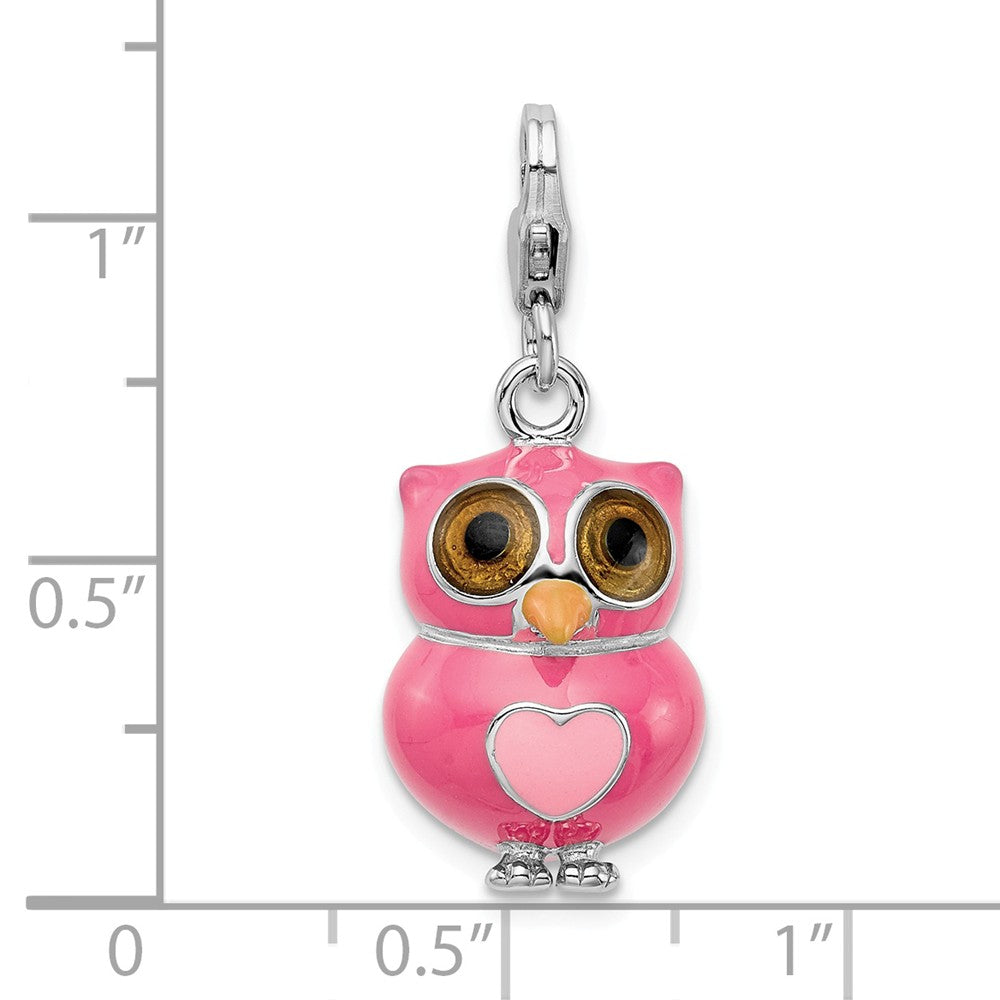 Sterling Silver Rhodium-plated Enameled 3-d Heart Owl With Lobster Clasp Charm