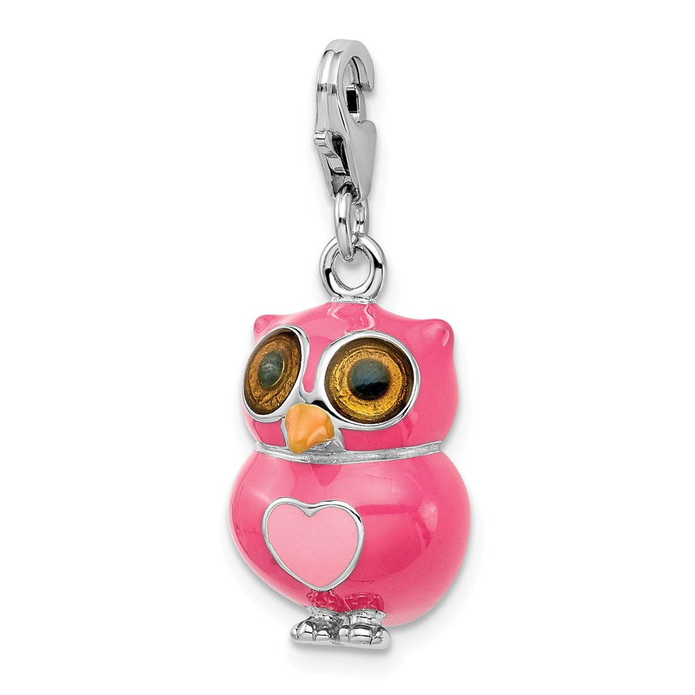 Sterling Silver Rhodium-plated Enameled 3-d Heart Owl With Lobster Clasp Charm