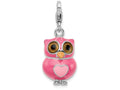 Sterling Silver Rhodium-plated Enameled 3-d Heart Owl With Lobster Clasp Charm