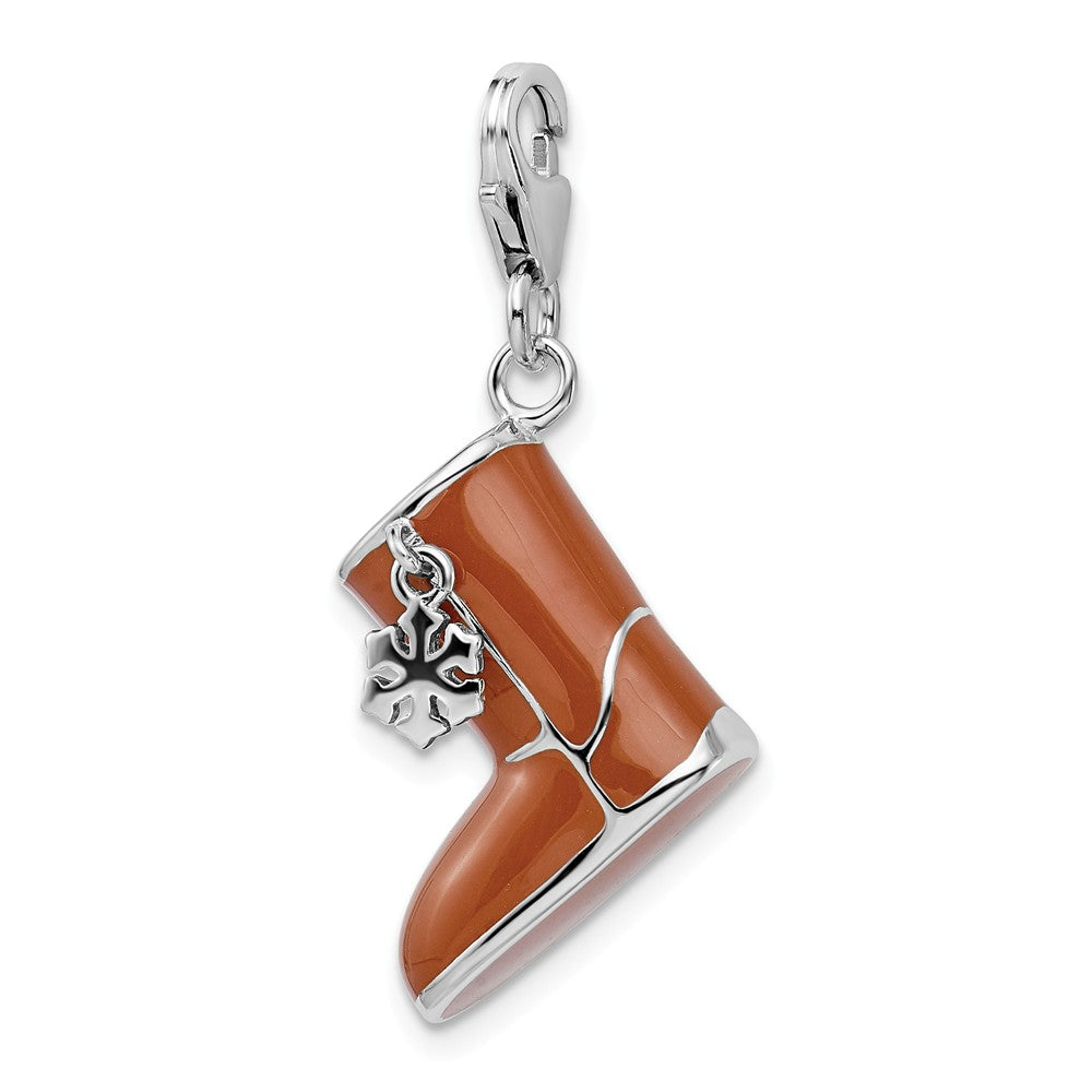 Sterling Silver Rhodium-plated Enameled 3-d Snow Boot With Lobster Clasp Charm