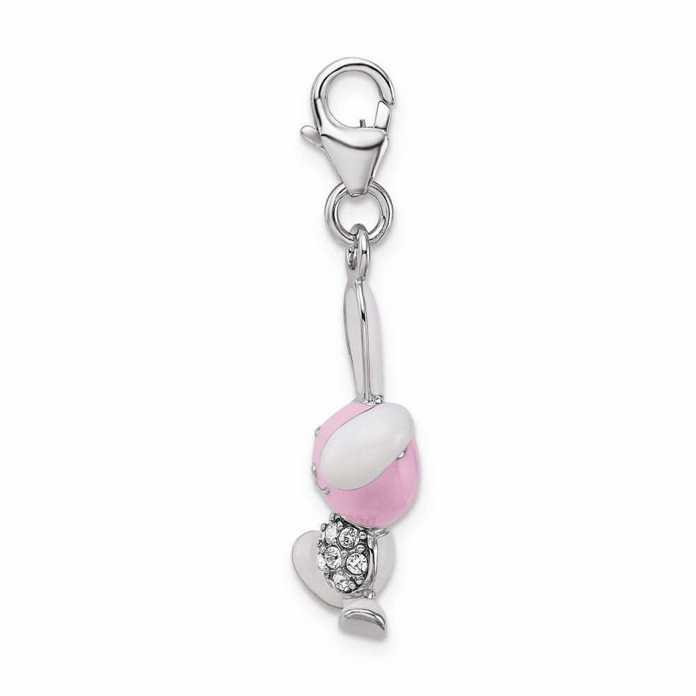 Sterling Silver Rhodium-plated Enameled 3-d Bunny With Lobster Clasp Charm