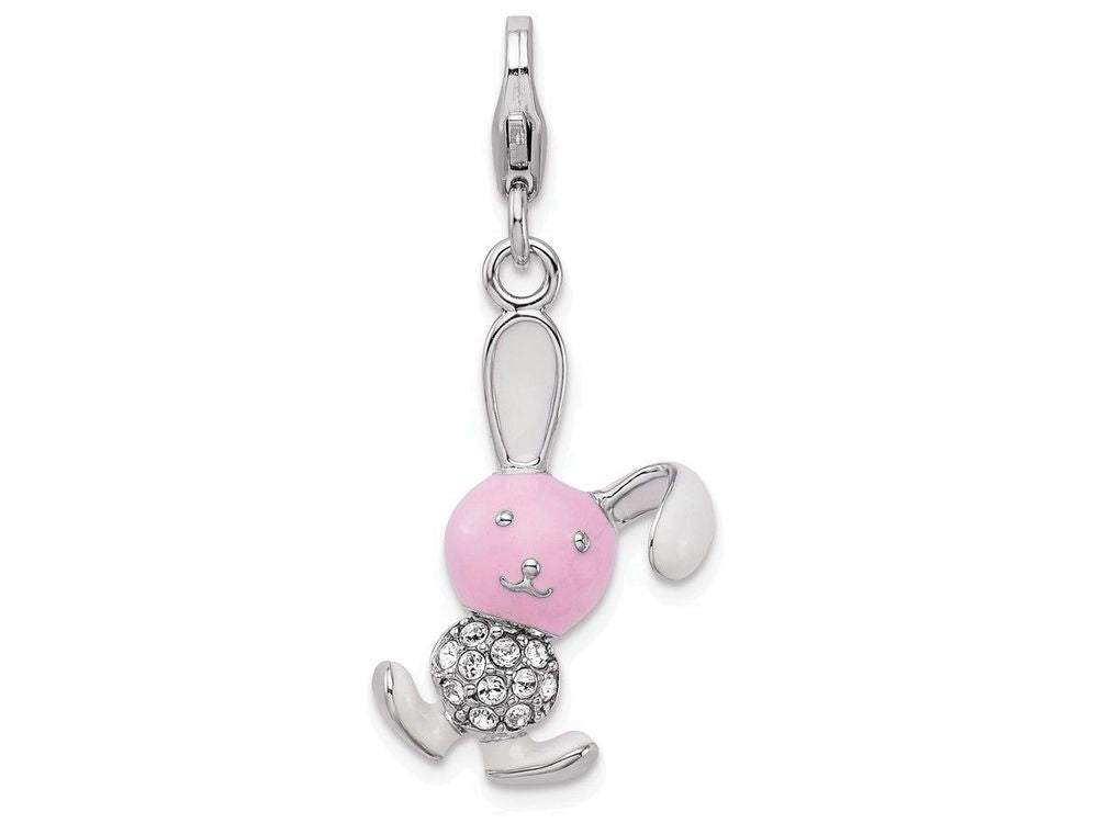 Sterling Silver Rhodium-plated Enameled 3-d Bunny With Lobster Clasp Charm