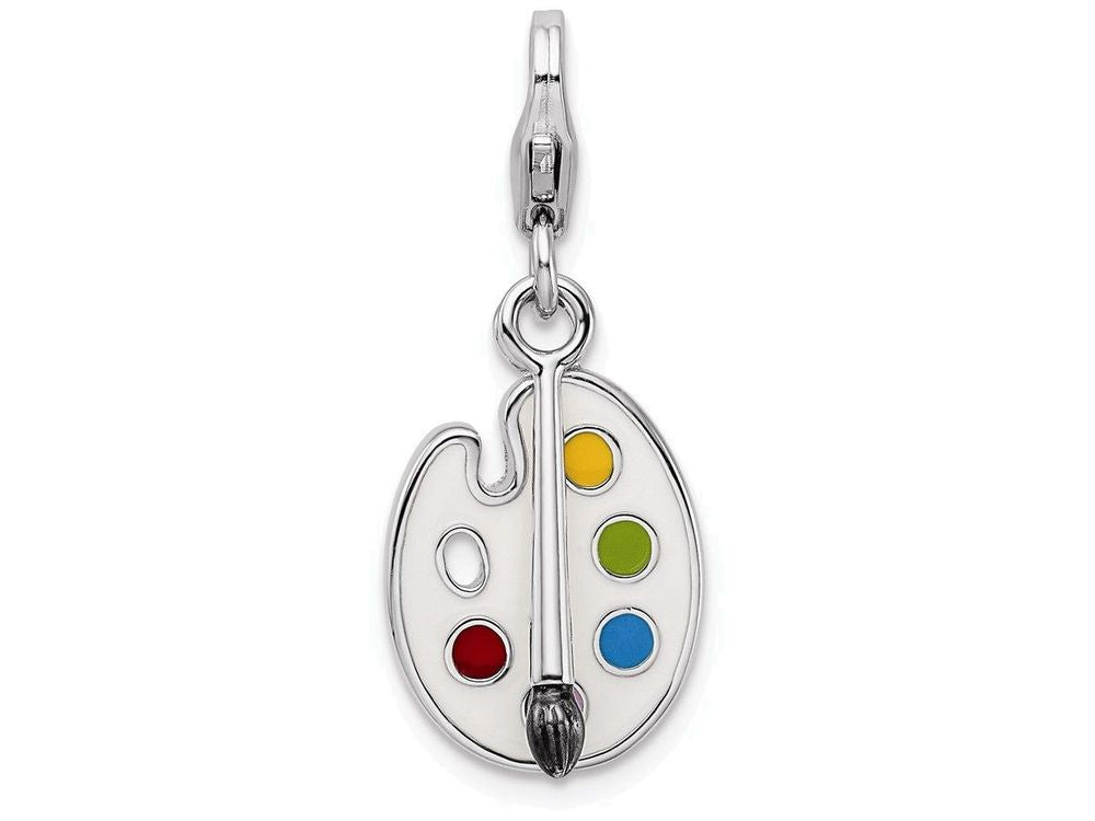 Sterling Silver Rhodium-plated Enameled 3-d Palette And Brush With Lobster Clasp Charm