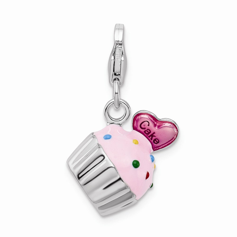 Sterling Silver Rhodium-plated Enameled 3-d Cupcake And Heart With Lobster Clasp Charm