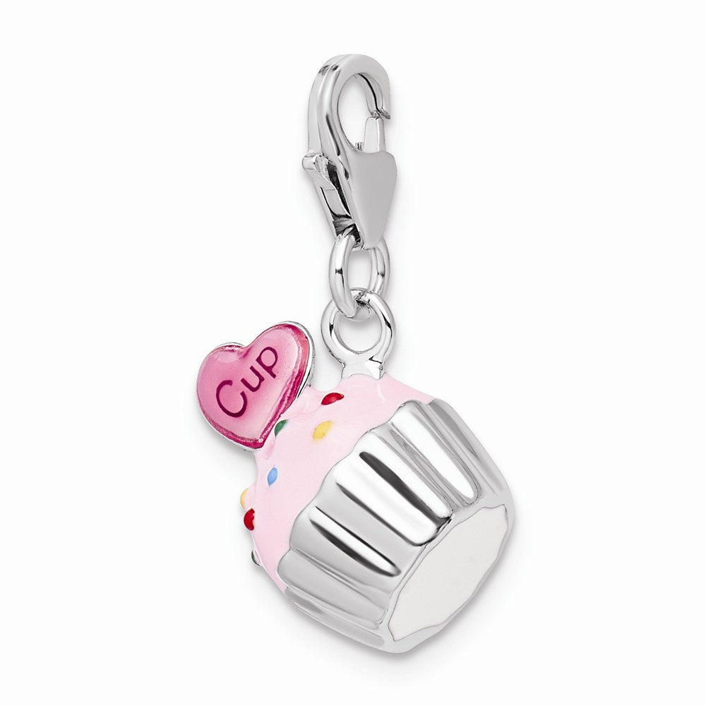 Sterling Silver Rhodium-plated Enameled 3-d Cupcake And Heart With Lobster Clasp Charm