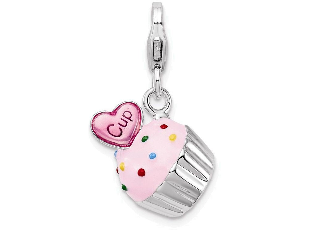 Sterling Silver Rhodium-plated Enameled 3-d Cupcake And Heart With Lobster Clasp Charm