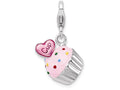 Sterling Silver Rhodium-plated Enameled 3-d Cupcake And Heart With Lobster Clasp Charm