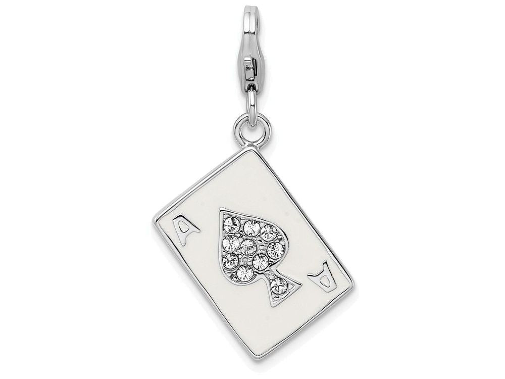 Sterling Silver Rhodium-plated Enameled 3-d Ace With Lobster Clasp Charm