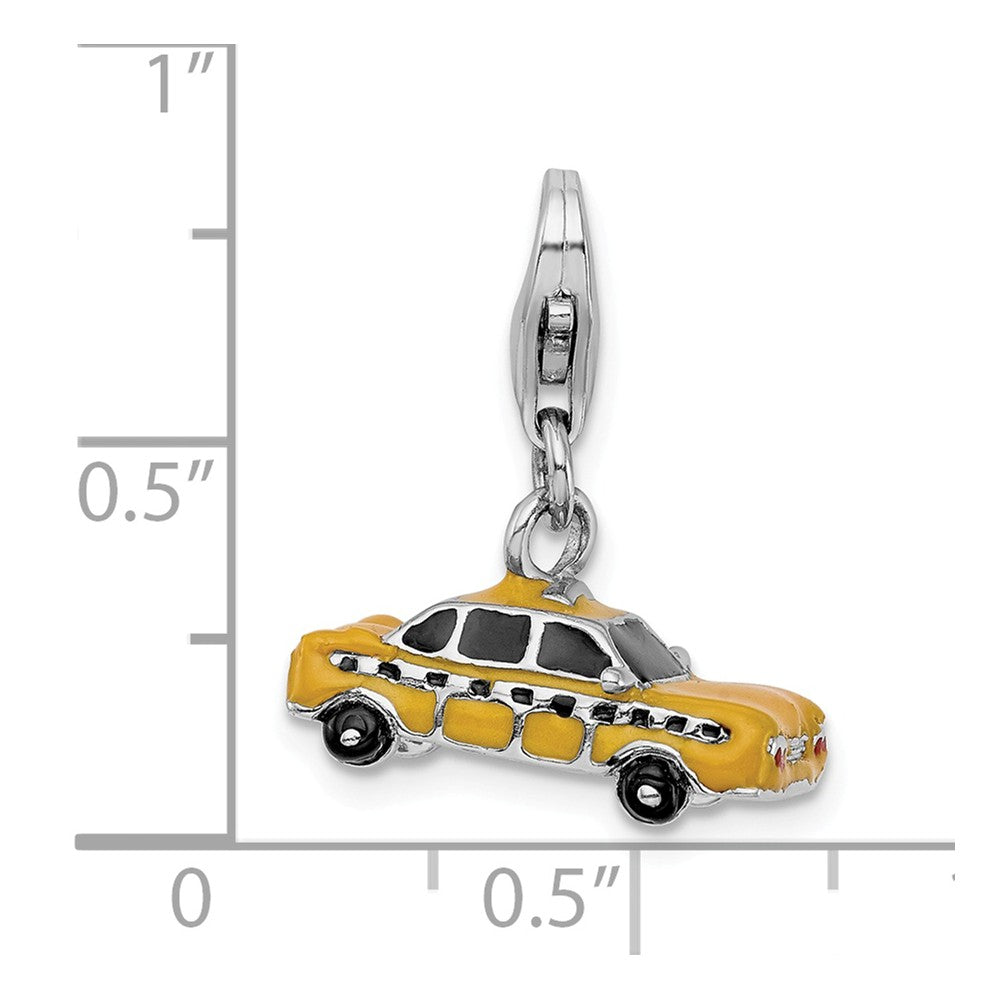 Sterling Silver Rhodium-plated Enameled Taxi Cab With Lobster Clasp Charm
