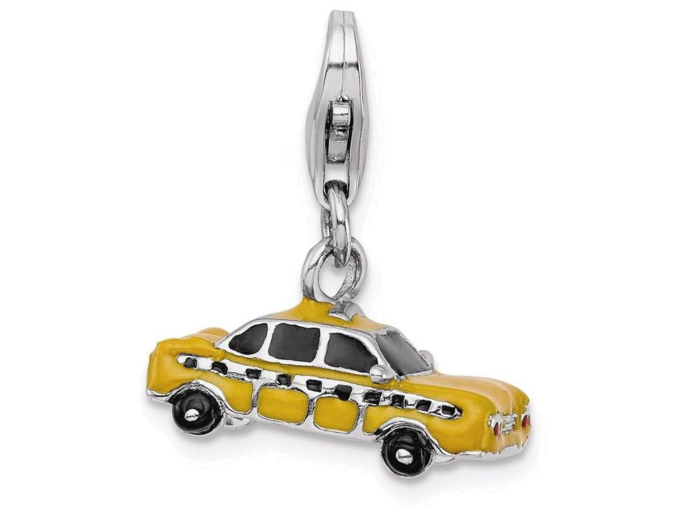 Sterling Silver Rhodium-plated Enameled Taxi Cab With Lobster Clasp Charm