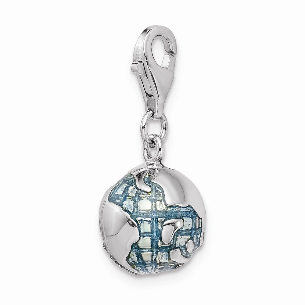 Sterling Silver Rhodium-plated 3D Enameled World Globe With Lobster Clasp Charm