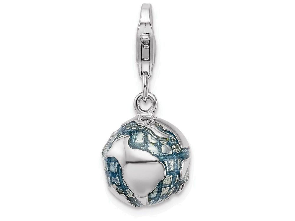 Sterling Silver Rhodium-plated 3D Enameled World Globe With Lobster Clasp Charm