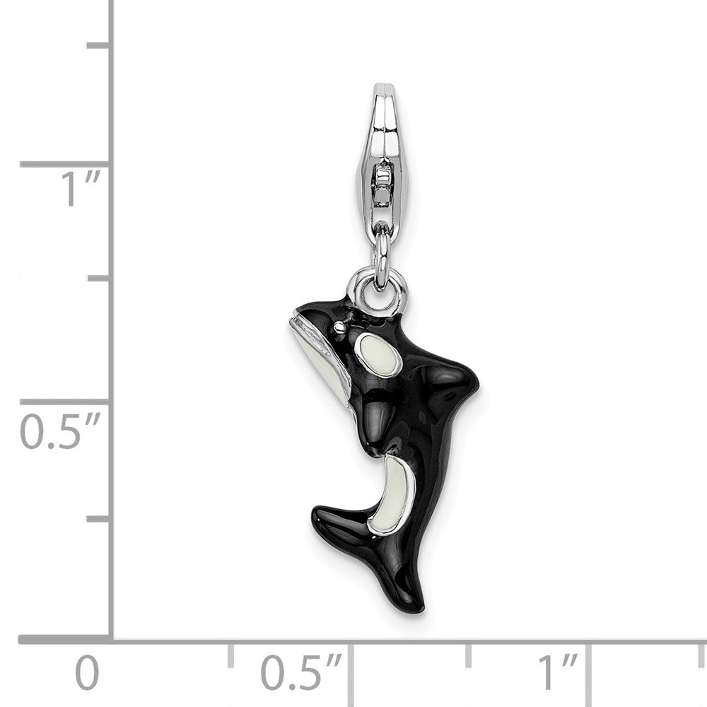 Sterling Silver Rhodium-plated 3-d Enameled Orca Whale With Lobster Clasp Charm