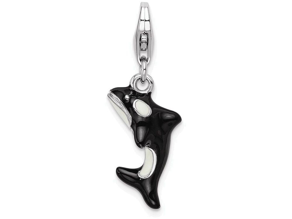 Sterling Silver Rhodium-plated 3-d Enameled Orca Whale With Lobster Clasp Charm