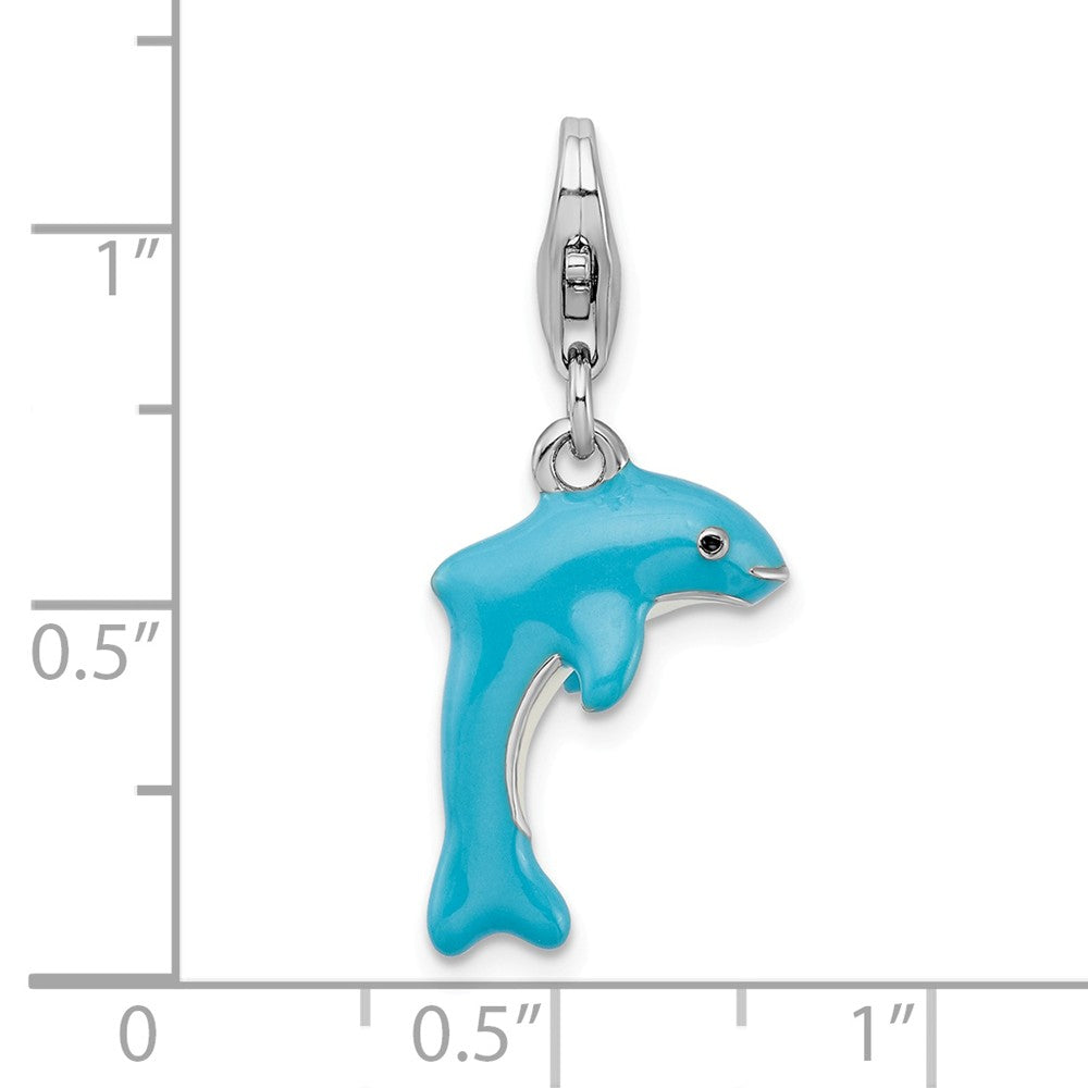 Sterling Silver Rhodium-plated 3-d Enameled Dolphin With Lobster Clasp Charm
