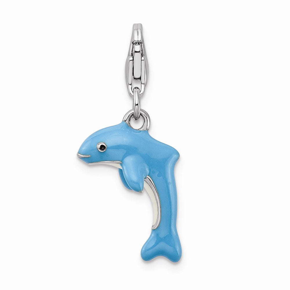 Sterling Silver Rhodium-plated 3-d Enameled Dolphin With Lobster Clasp Charm