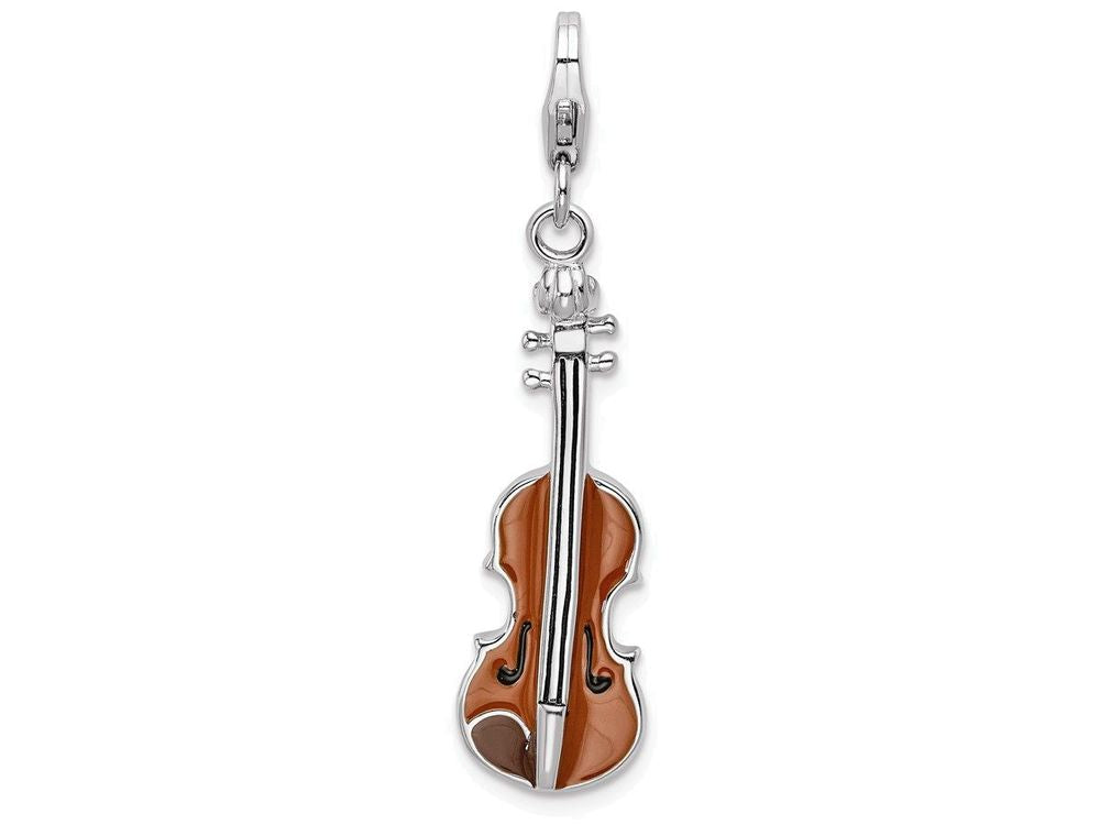 Sterling Silver Rhodium-plated Enameled 3-d Viola With Lobster Clasp Charm