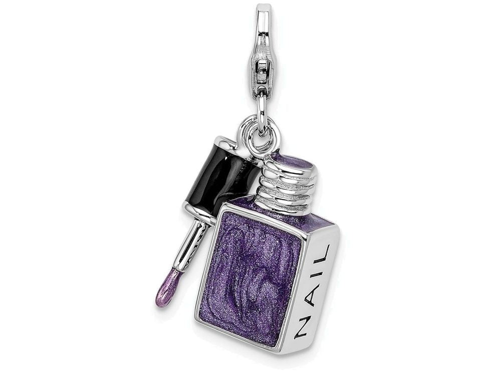 Sterling Silver Rhodium-plated Enameled 3-d Nail Enamel With Lobster Clasp Charm