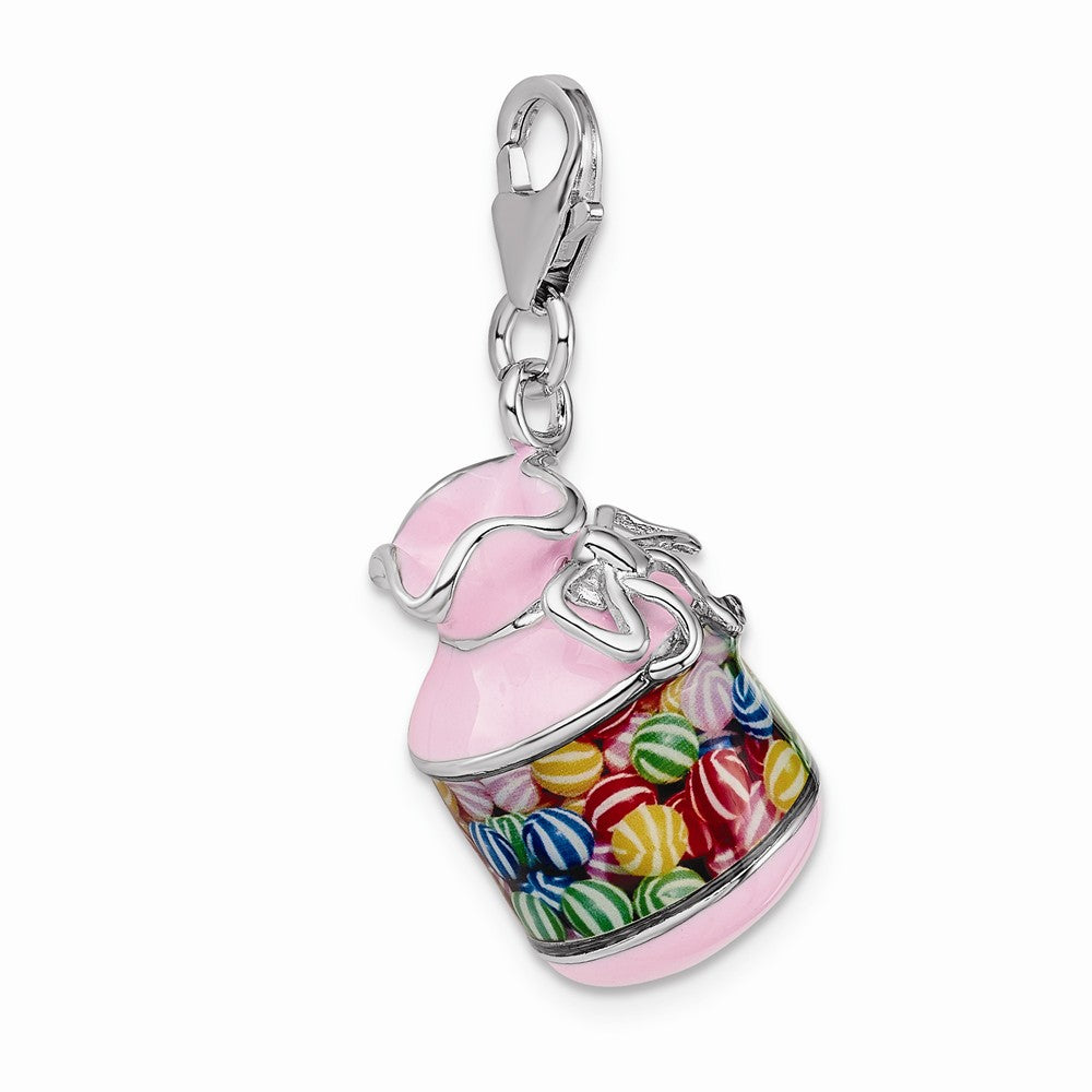 Sterling Silver Rhodium-plated Enameled 3-d Candy Jar With Lobster Clasp Charm