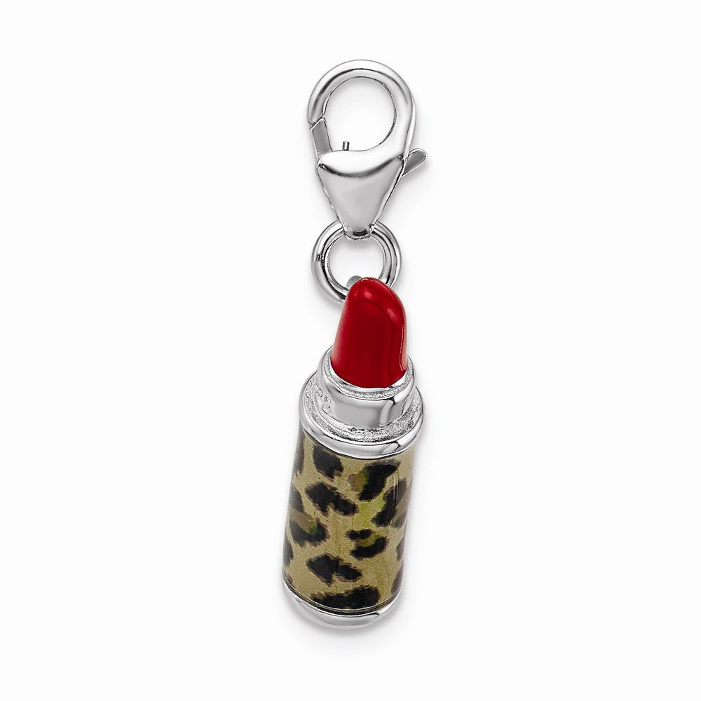 Sterling Silver Rhodium-plated Enameled 3-d Leopard Lipstick With Lobster Clasp Charm