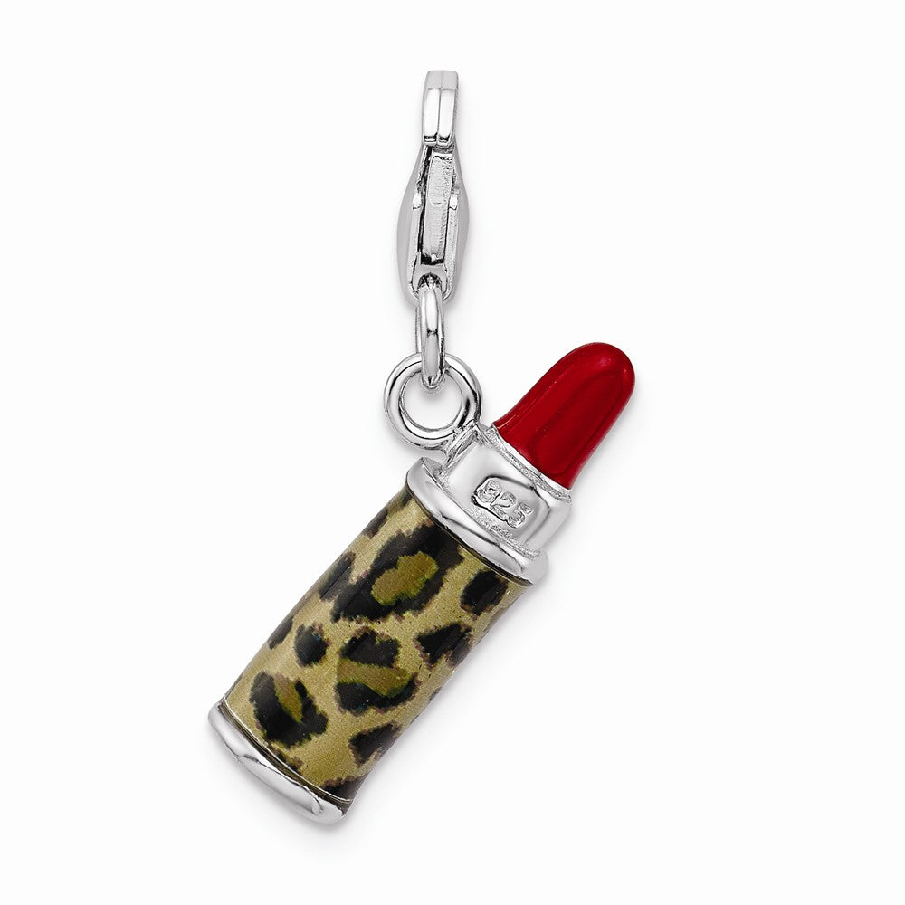 Sterling Silver Rhodium-plated Enameled 3-d Leopard Lipstick With Lobster Clasp Charm