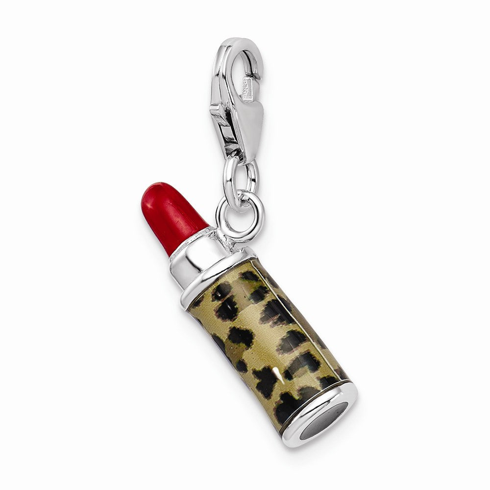 Sterling Silver Rhodium-plated Enameled 3-d Leopard Lipstick With Lobster Clasp Charm