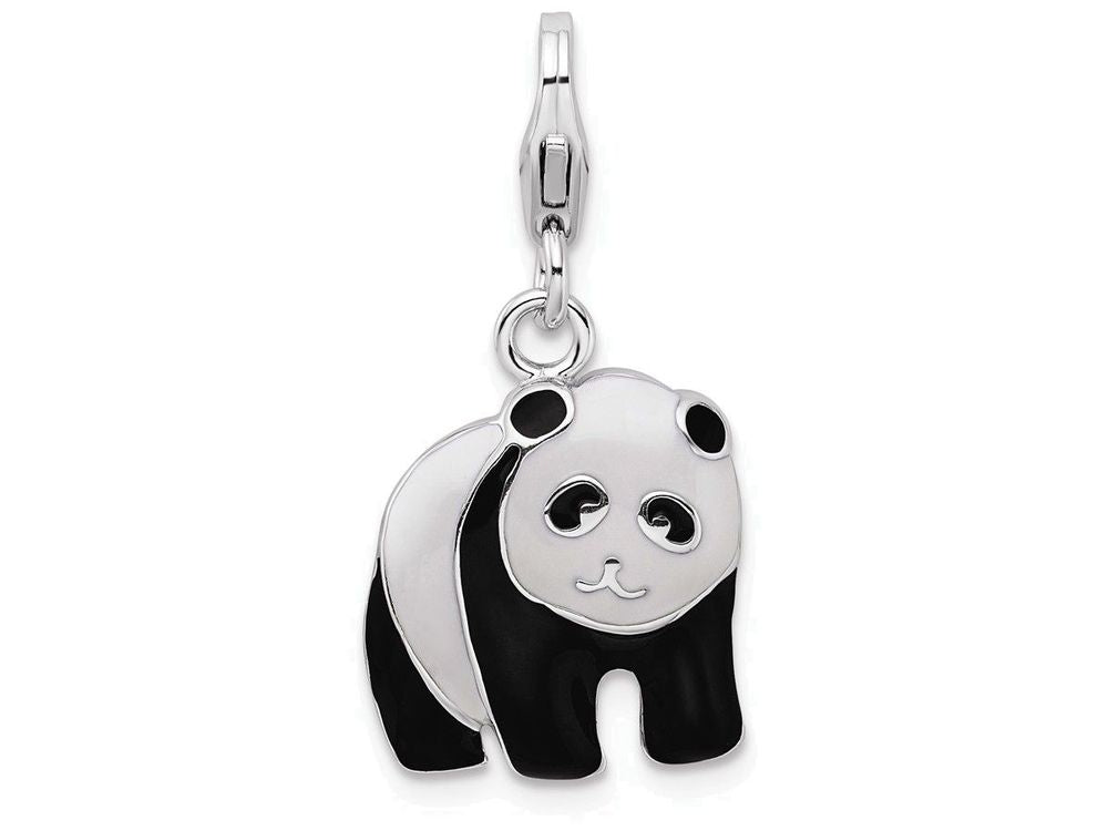 Sterling Silver Rhodium-plated Enameled Panda Bear With Lobster Clasp Charm