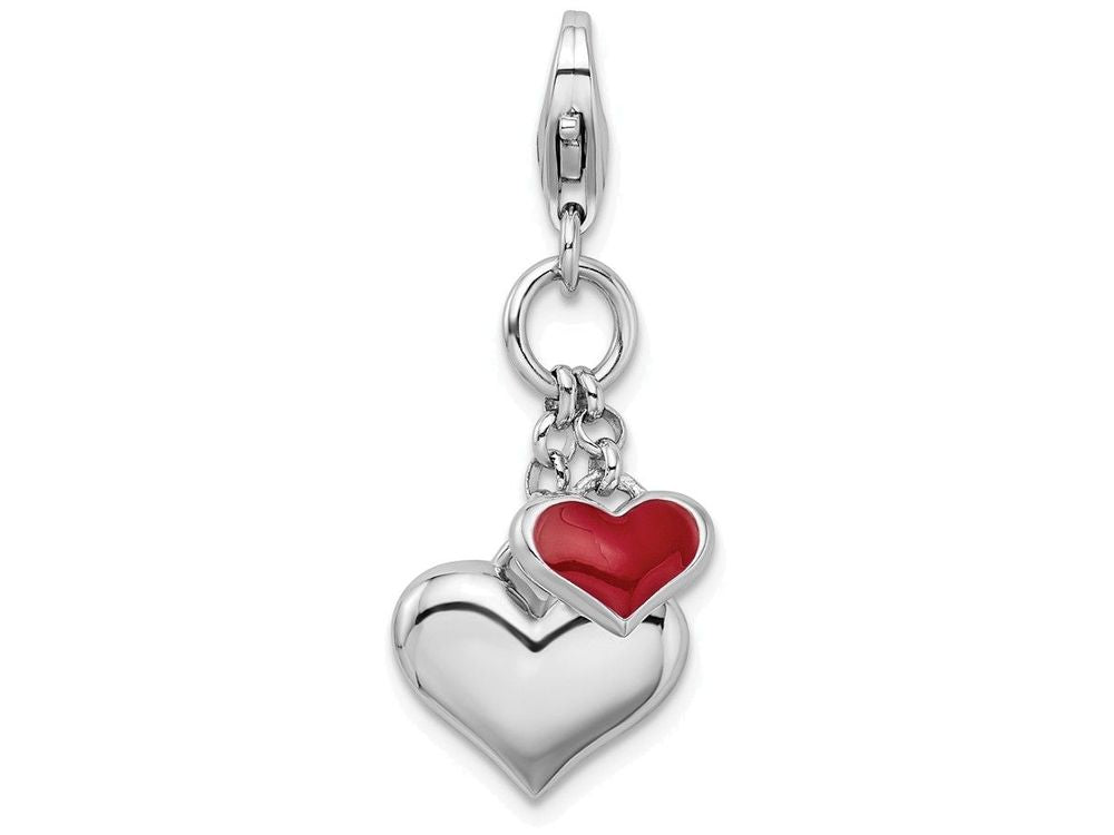 Sterling Silver Rhodium Plated Enameled Double Heart With Lobster Clasp Charm