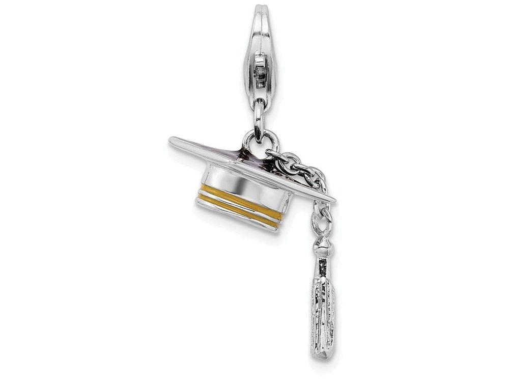 Sterling Silver Rhodium-plated 3-d Enameled Graduation Cap With Lobster Clasp