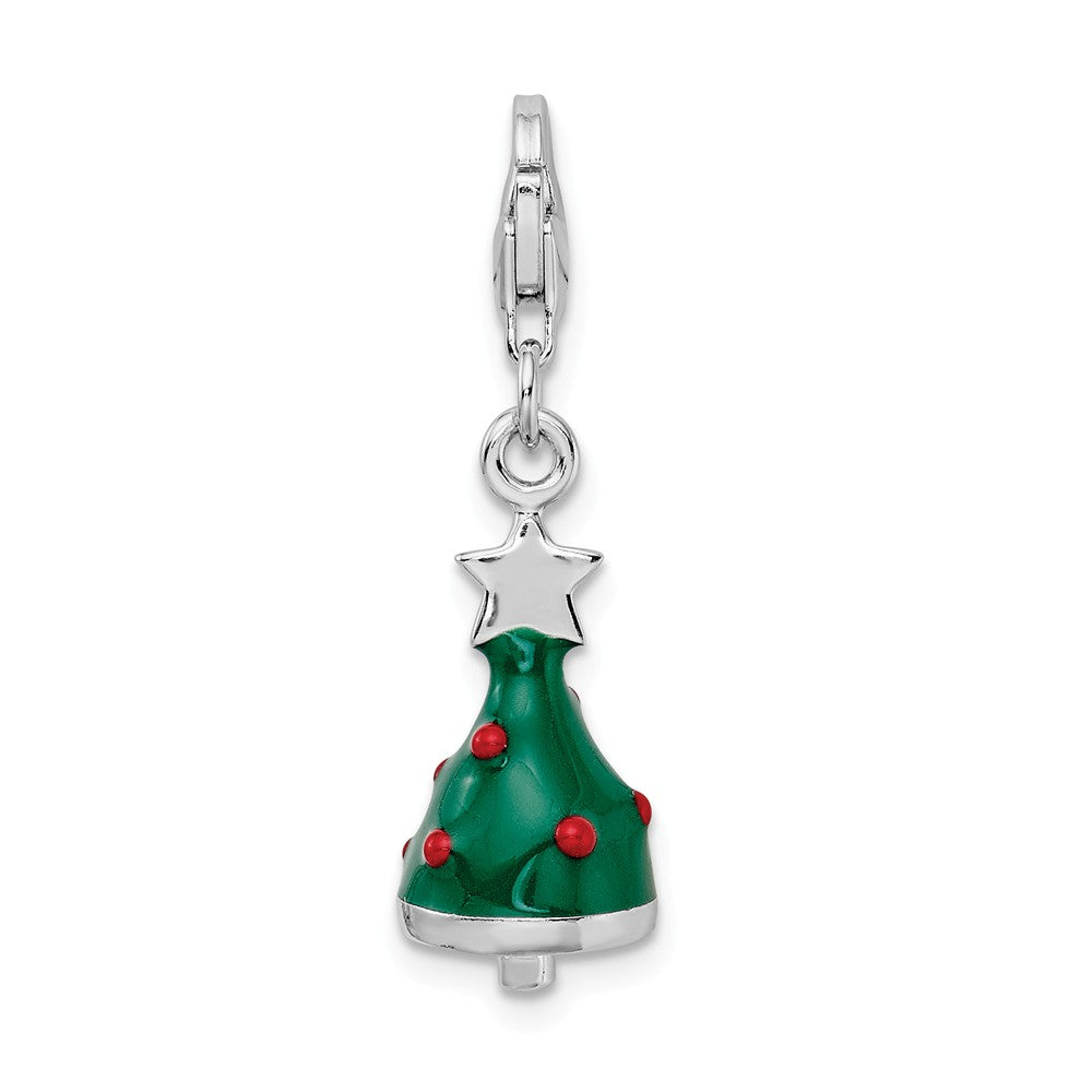 Sterling Silver Rhodium-plated 3-d Enameled Christmas Tree With Lobster Clasp