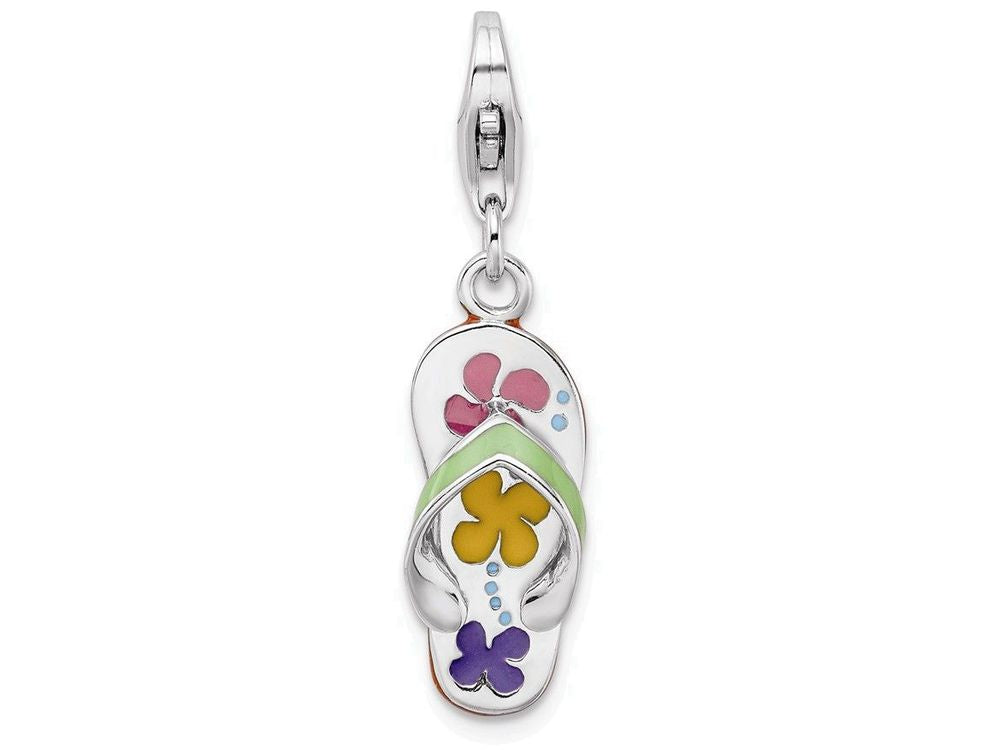 Sterling Silver Rhodium-plated 3-d Enameled Flip-flop With Lobster Clasp Charm
