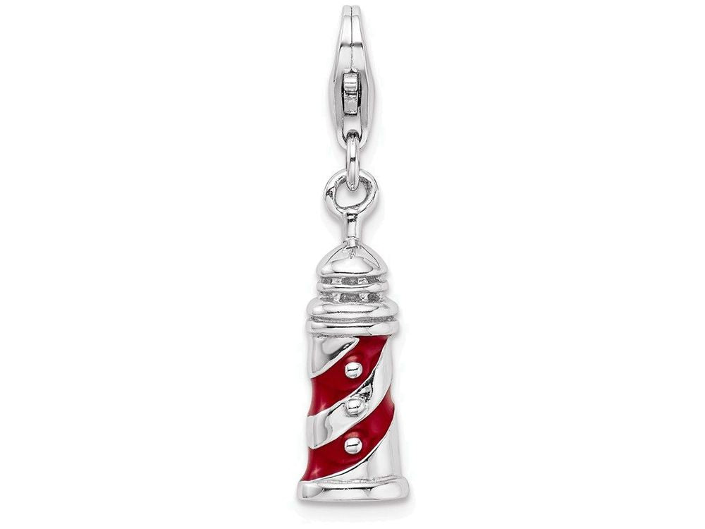 Sterling Silver Rhodium-plated 3-d Enameled Lighthouse With Lobster Clasp Char