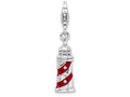 Sterling Silver Rhodium-plated 3-d Enameled Lighthouse With Lobster Clasp Char