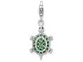Sterling Silver Rhodium Plated Cz Green Turtle With Lobster Clasp Charm