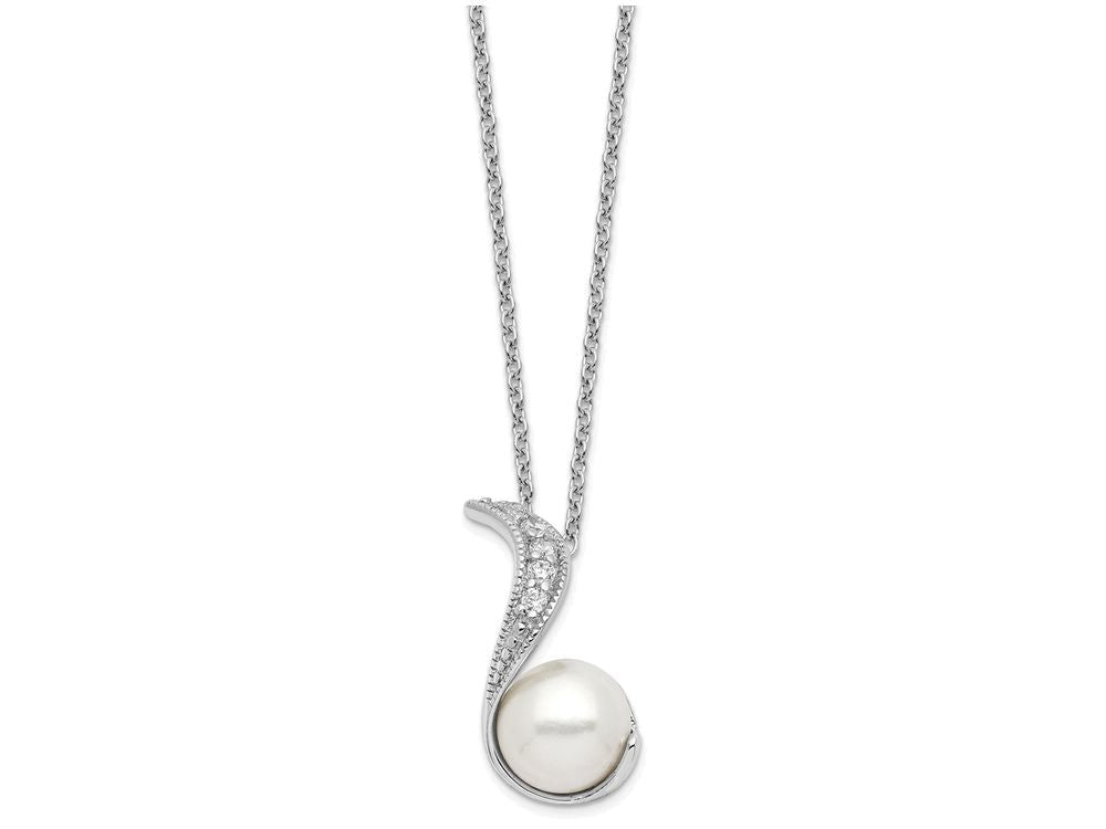 Cheryl M Sterling Silver CZ White Cultured Pearl Swirl 18In Necklace