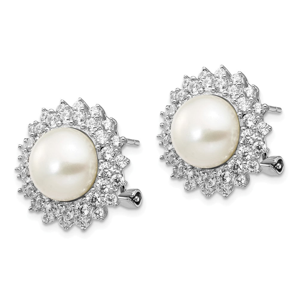 Cheryl M Sterling Silver CZ Cultured Pearl Omega Back Earrings