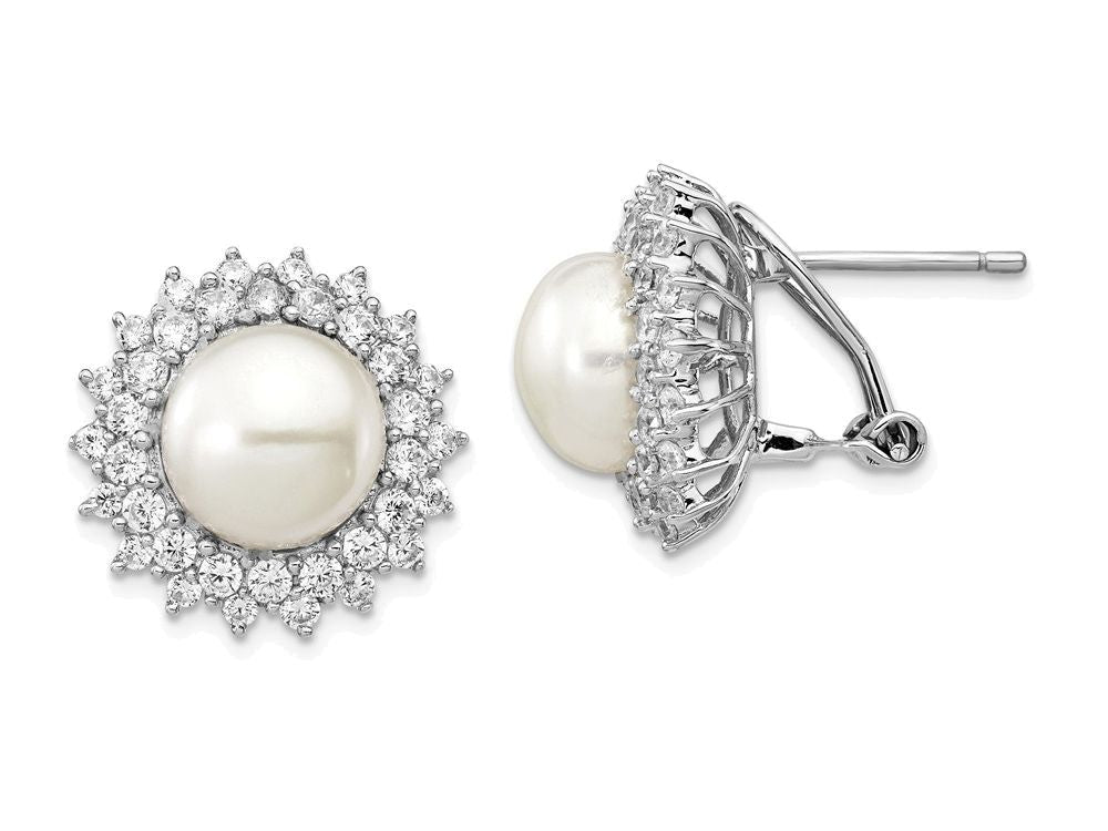 Cheryl M Sterling Silver CZ Cultured Pearl Omega Back Earrings
