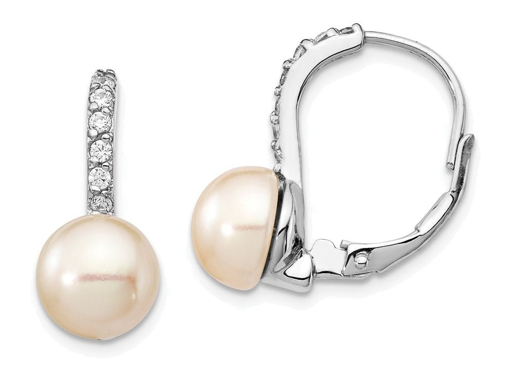 Cheryl M Sterling Silver CZ Cultured Pearl Leverback Earrings