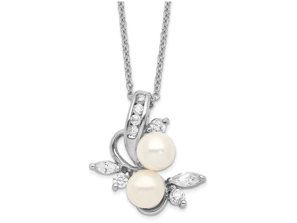 Cheryl M Sterling Silver CZ White Cultured Pearl Leaves 18In Necklace