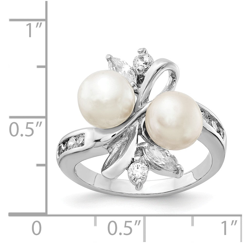Cheryl M Sterling Silver CZ White Cultured Pearl Leaves Ring