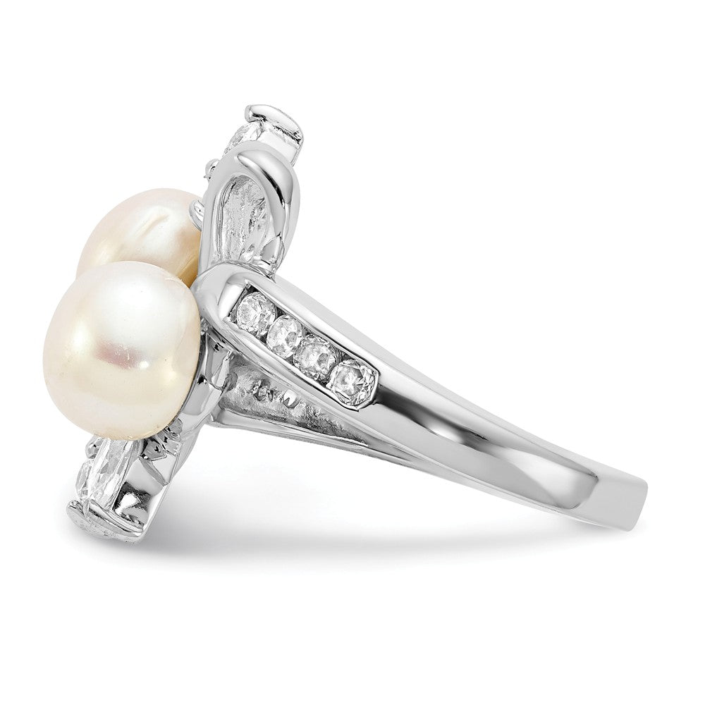 Cheryl M Sterling Silver CZ White Cultured Pearl Leaves Ring