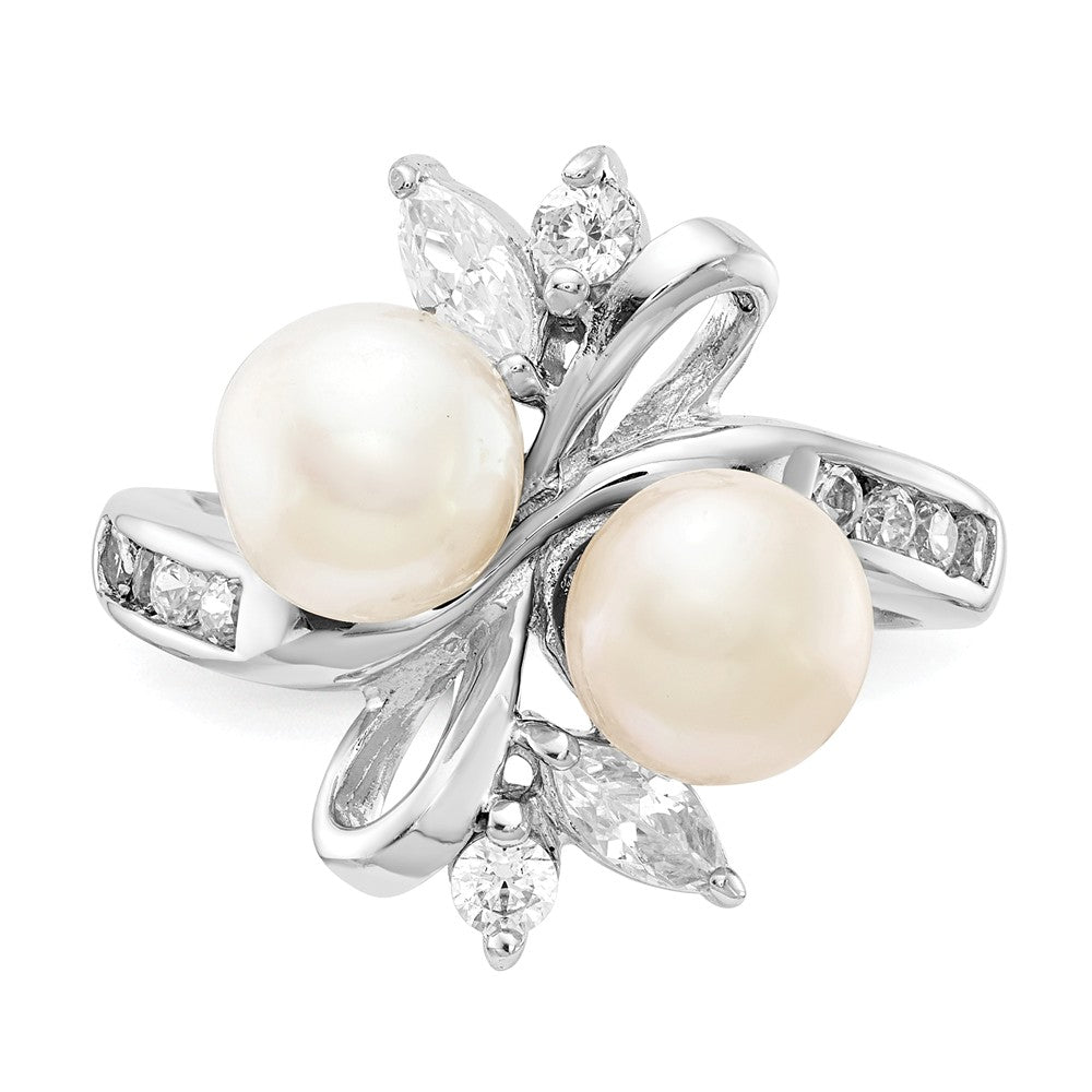 Cheryl M Sterling Silver CZ White Cultured Pearl Leaves Ring