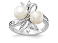Cheryl M Sterling Silver CZ White Cultured Pearl Leaves Ring
