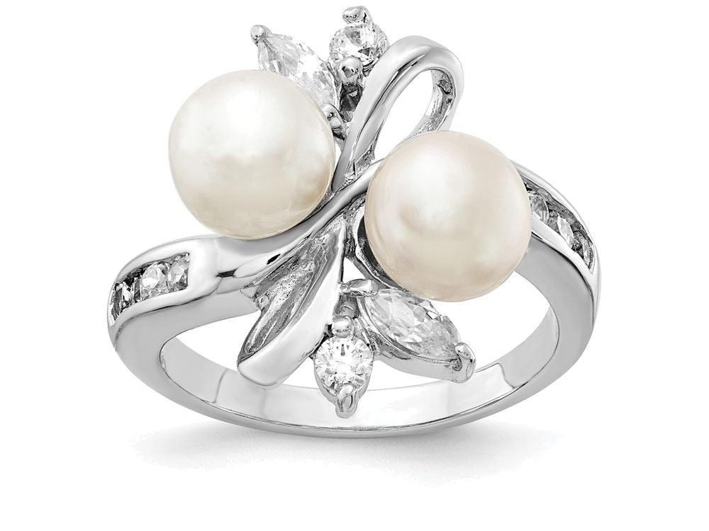 Cheryl M Sterling Silver CZ White Cultured Pearl Leaves Ring
