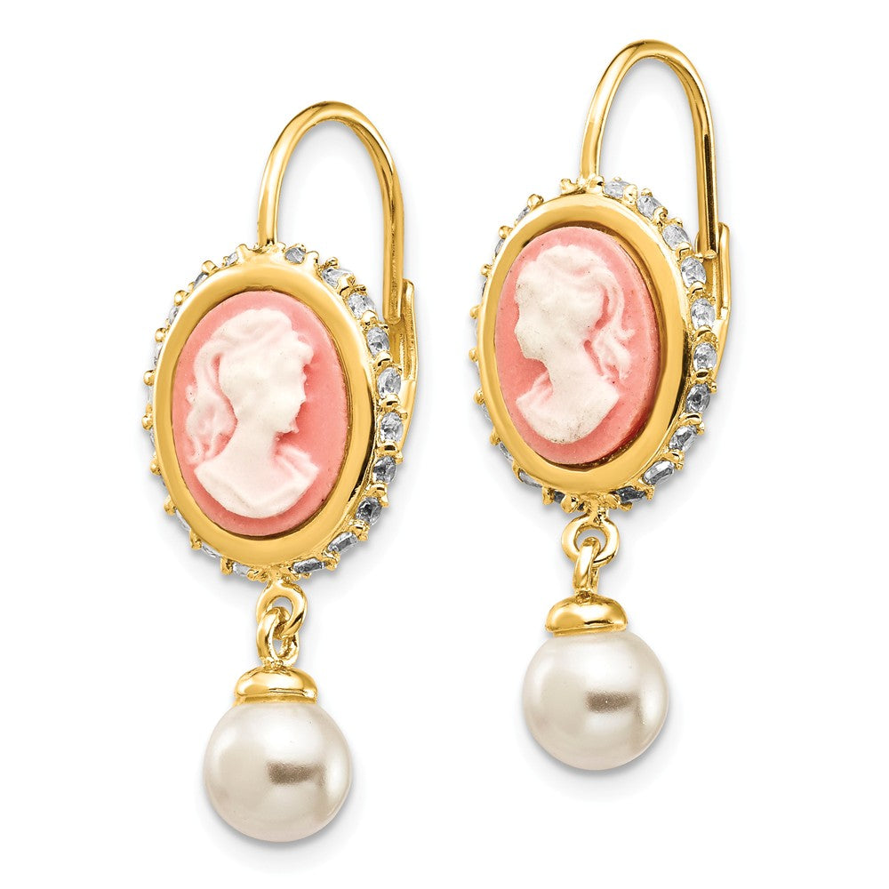 Cheryl M™ Gold Plated Sterling Silver Glass Pearl/Cameo/CZ Leverback Earrings