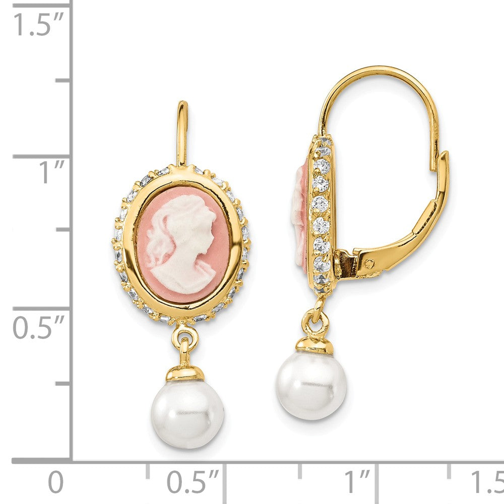 Cheryl M™ Gold Plated Sterling Silver Glass Pearl/Cameo/CZ Leverback Earrings