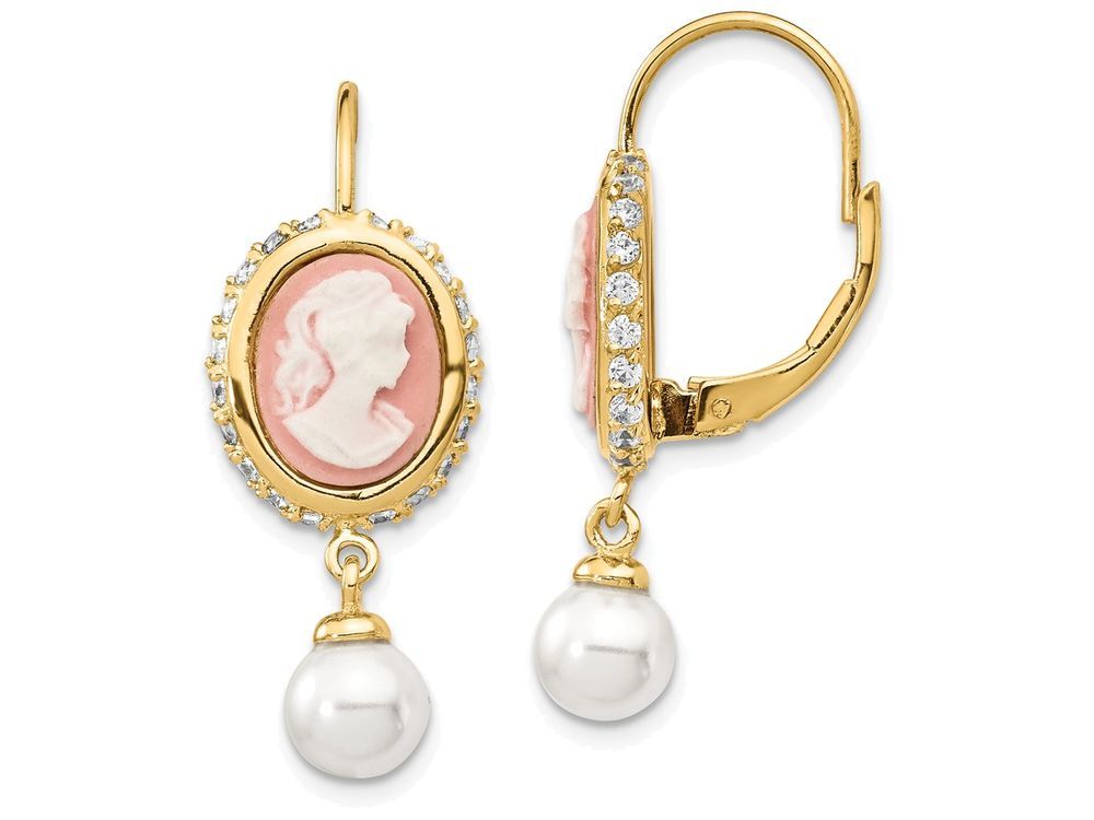 Cheryl M™ Gold Plated Sterling Silver Glass Pearl/Cameo/CZ Leverback Earrings