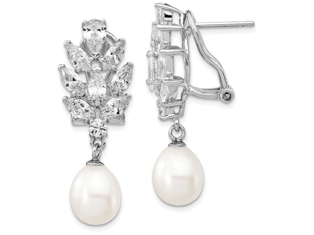 Cheryl M Sterling Silver CZ Cultured Pearl Omega Back Earrings